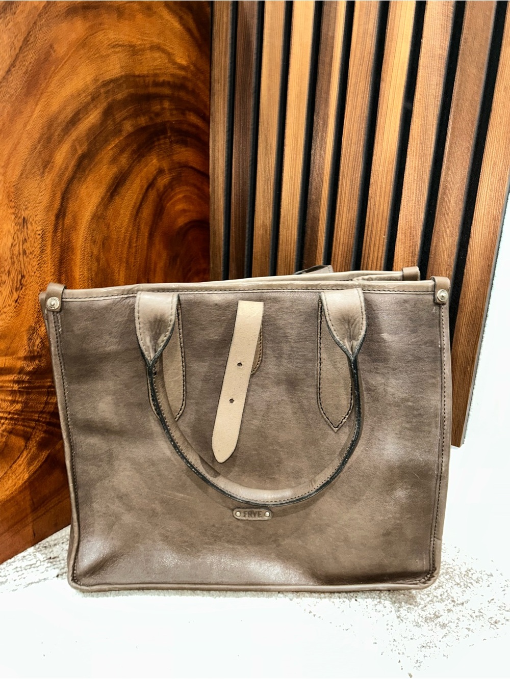 Frye Distressed Leather Tote Gray Taupe Shopper Shoulder Bag